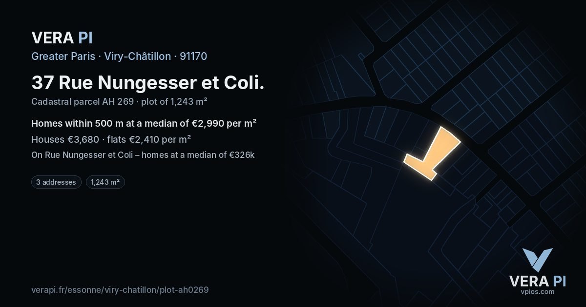 37 Rue Nungesser et Coli, Viry-Châtillon at night – the plot lit, the parcels around coloured by the prices near them