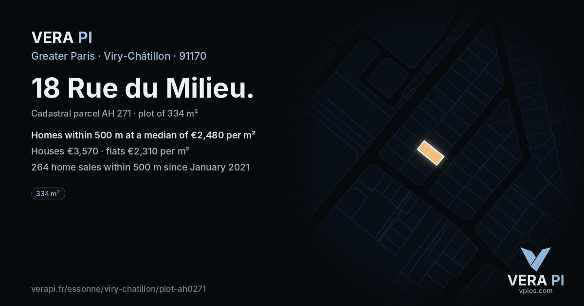 18 Rue du Milieu, Viry-Châtillon at night – the plot lit, the parcels around coloured by the prices near them