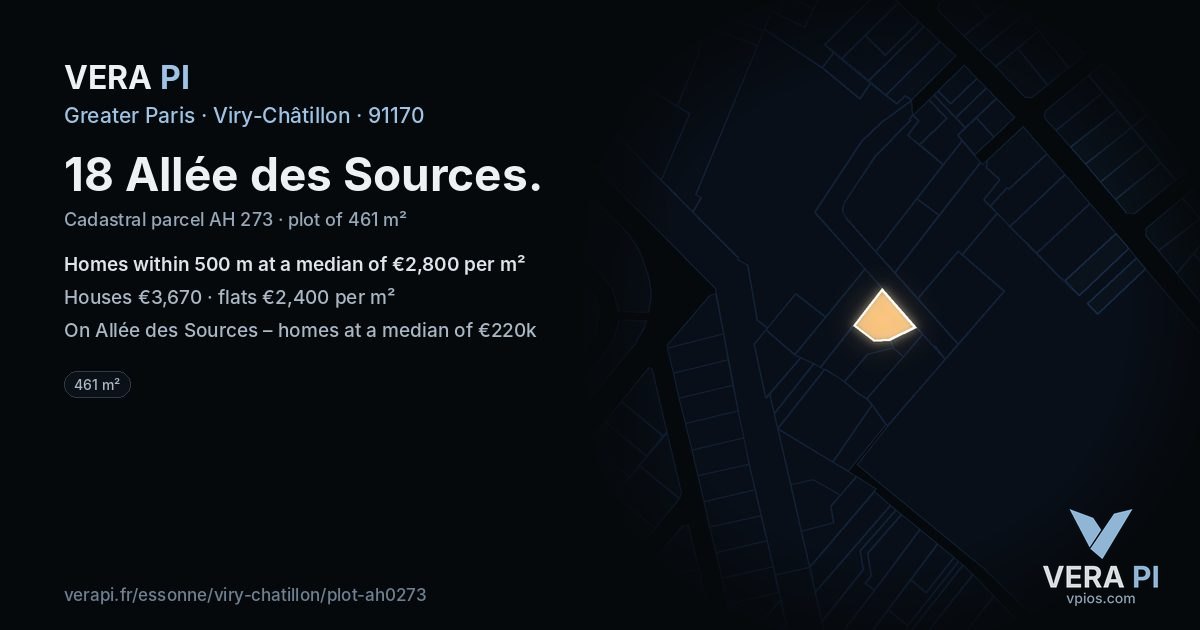 18 Allée des Sources, Viry-Châtillon at night – the plot lit, the parcels around coloured by the prices near them