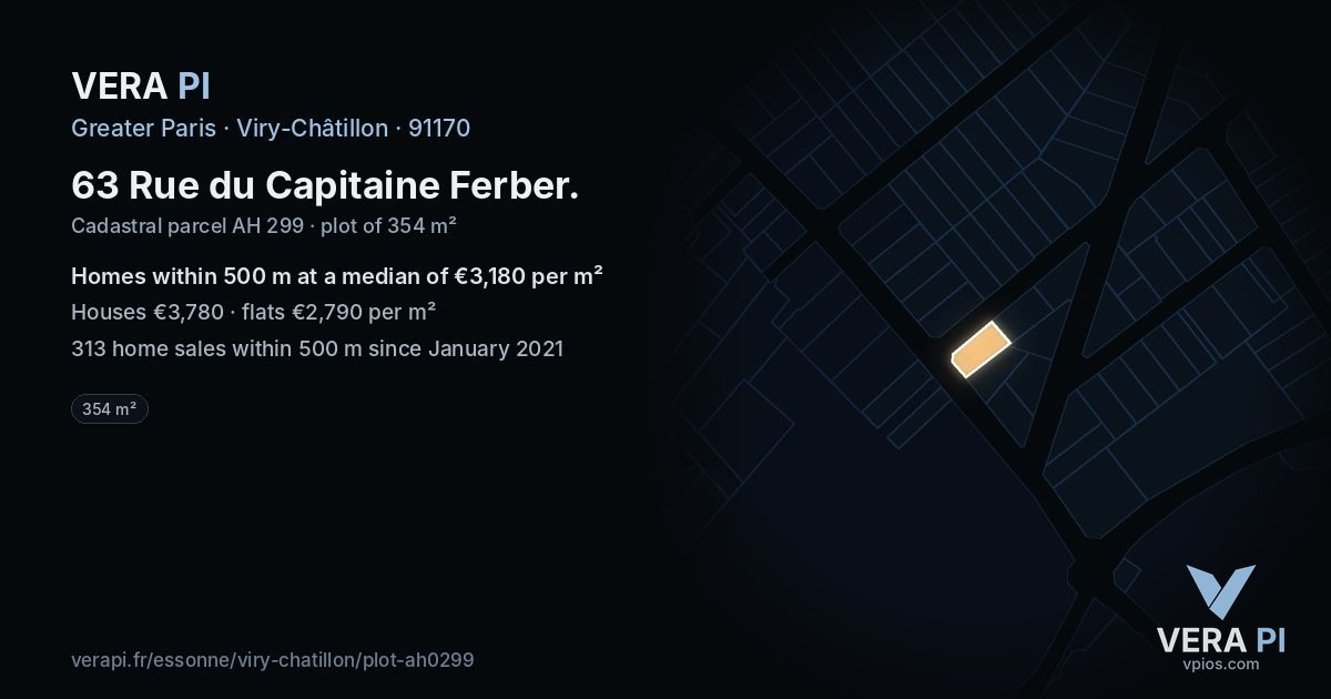 63 Rue du Capitaine Ferber, Viry-Châtillon at night – the plot lit, the parcels around coloured by the prices near them