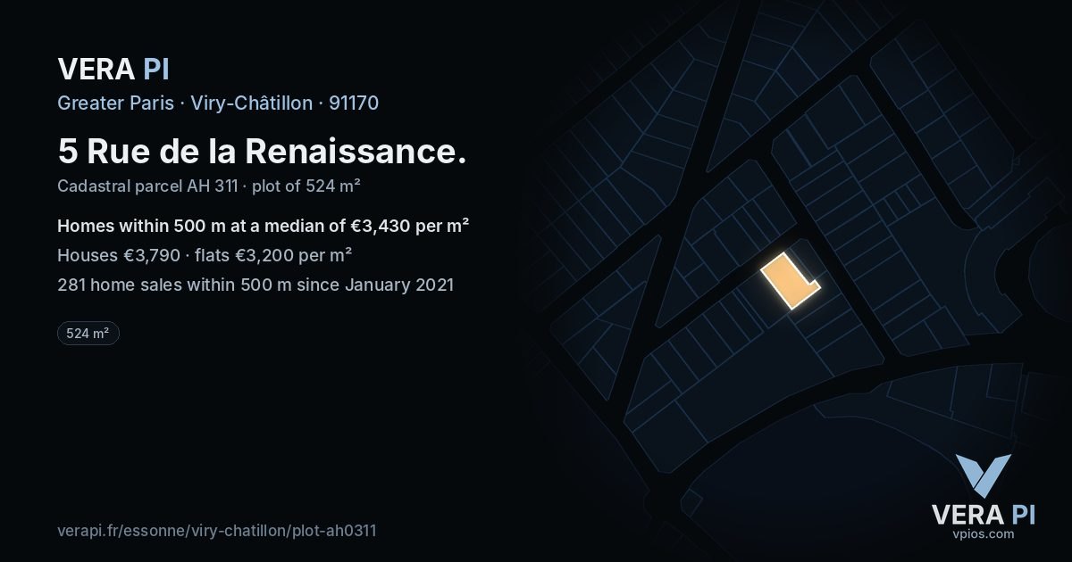 5 Rue de la Renaissance, Viry-Châtillon at night – the plot lit, the parcels around coloured by the prices near them