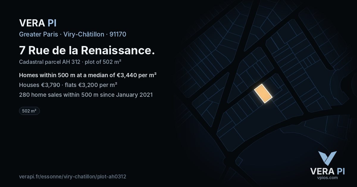 7 Rue de la Renaissance, Viry-Châtillon at night – the plot lit, the parcels around coloured by the prices near them