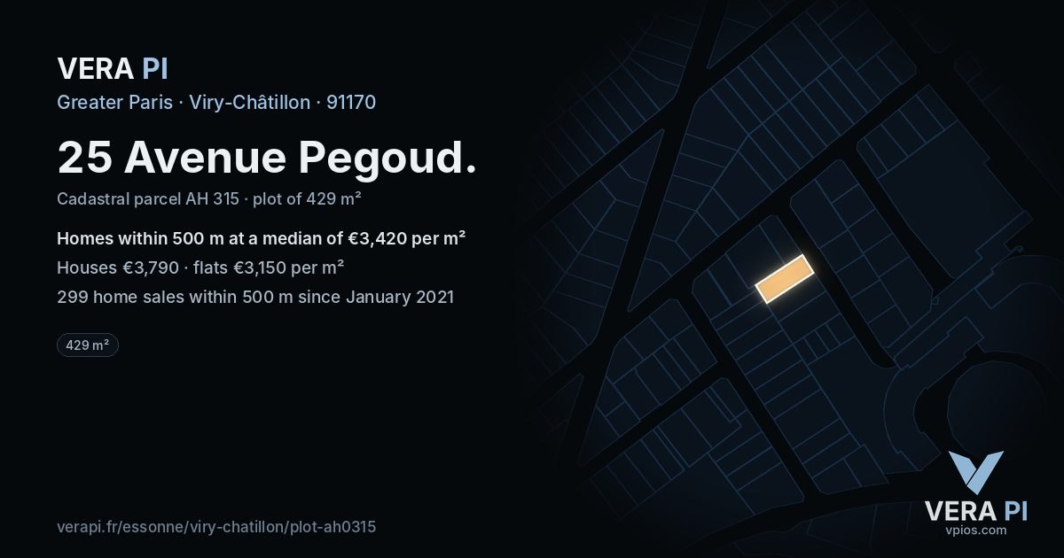 25 Avenue Pegoud, Viry-Châtillon at night – the plot lit, the parcels around coloured by the prices near them