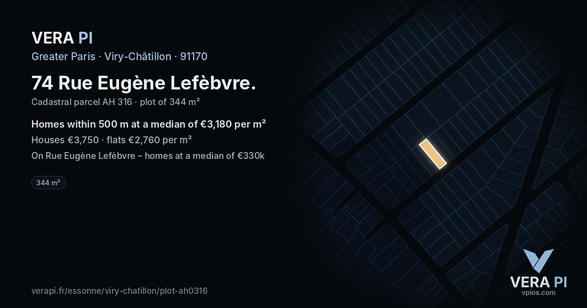 74 Rue Eugène Lefèbvre, Viry-Châtillon at night – the plot lit, the parcels around coloured by the prices near them