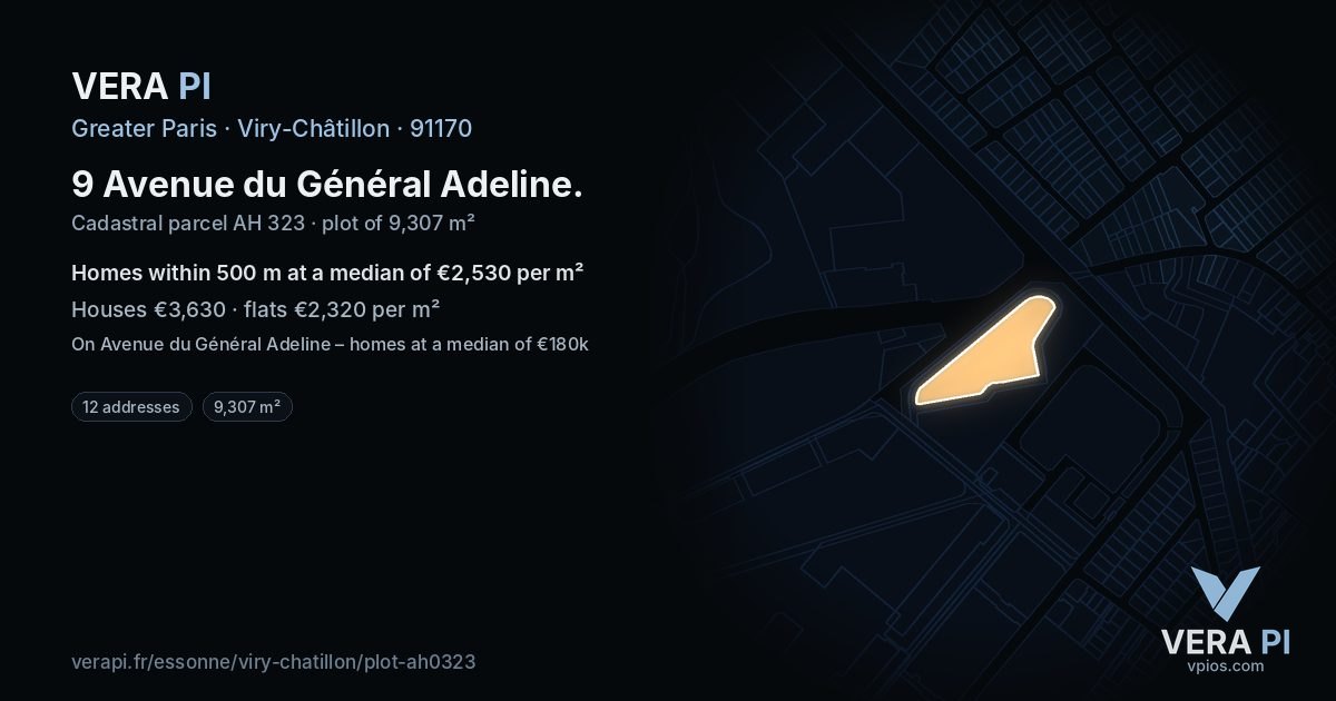9 Avenue du Général Adeline, Viry-Châtillon at night – the plot lit, the parcels around coloured by the prices near them