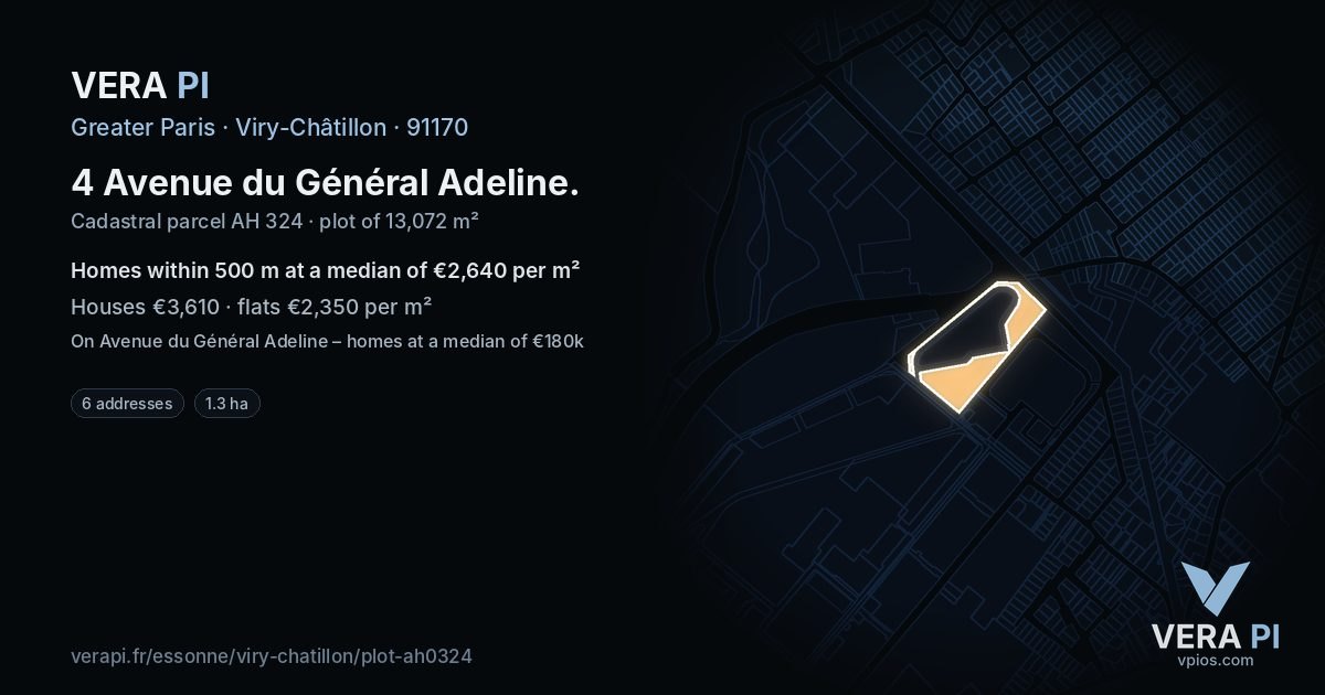 4 Avenue du Général Adeline, Viry-Châtillon at night – the plot lit, the parcels around coloured by the prices near them
