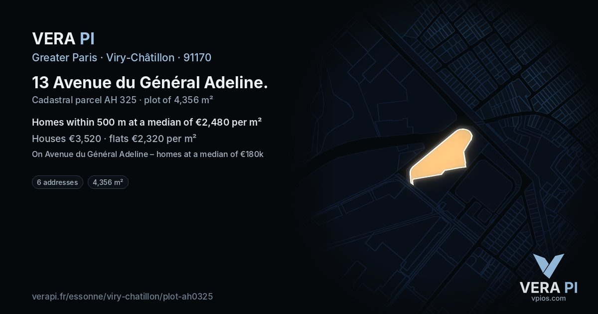 13 Avenue du Général Adeline, Viry-Châtillon at night – the plot lit, the parcels around coloured by the prices near them
