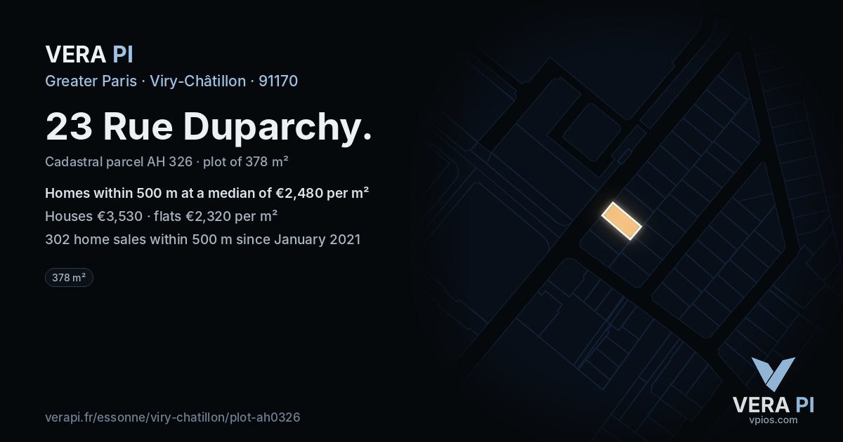 23 Rue Duparchy, Viry-Châtillon at night – the plot lit, the parcels around coloured by the prices near them