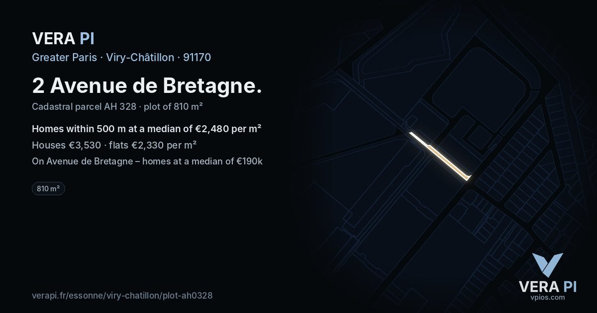 2 Avenue de Bretagne, Viry-Châtillon at night – the plot lit, the parcels around coloured by the prices near them