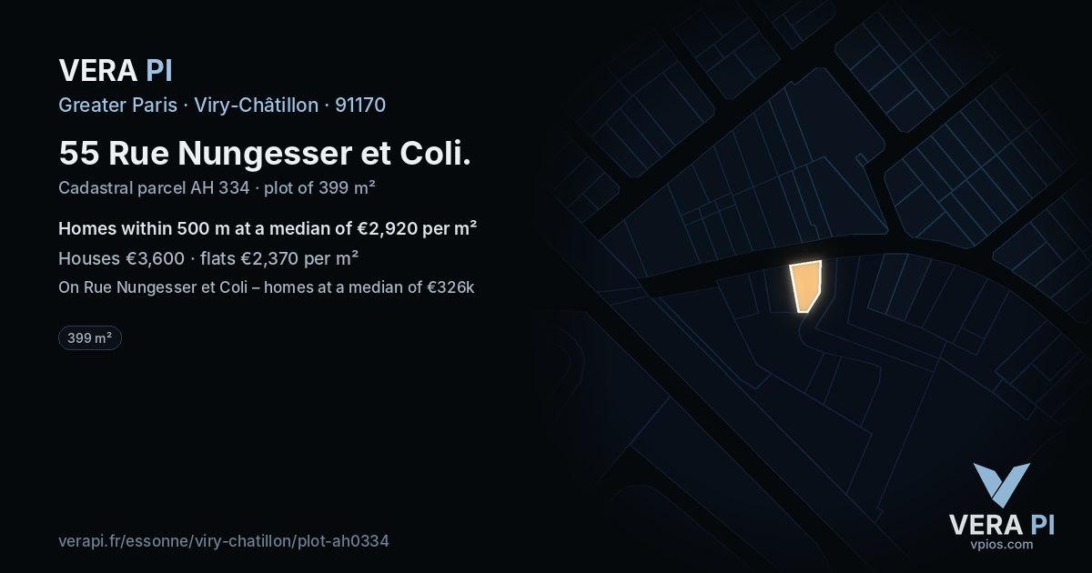 55 Rue Nungesser et Coli, Viry-Châtillon at night – the plot lit, the parcels around coloured by the prices near them