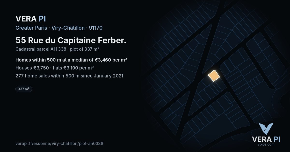 55 Rue du Capitaine Ferber, Viry-Châtillon at night – the plot lit, the parcels around coloured by the prices near them