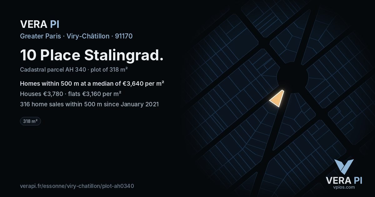 10 Place Stalingrad, Viry-Châtillon at night – the plot lit, the parcels around coloured by the prices near them
