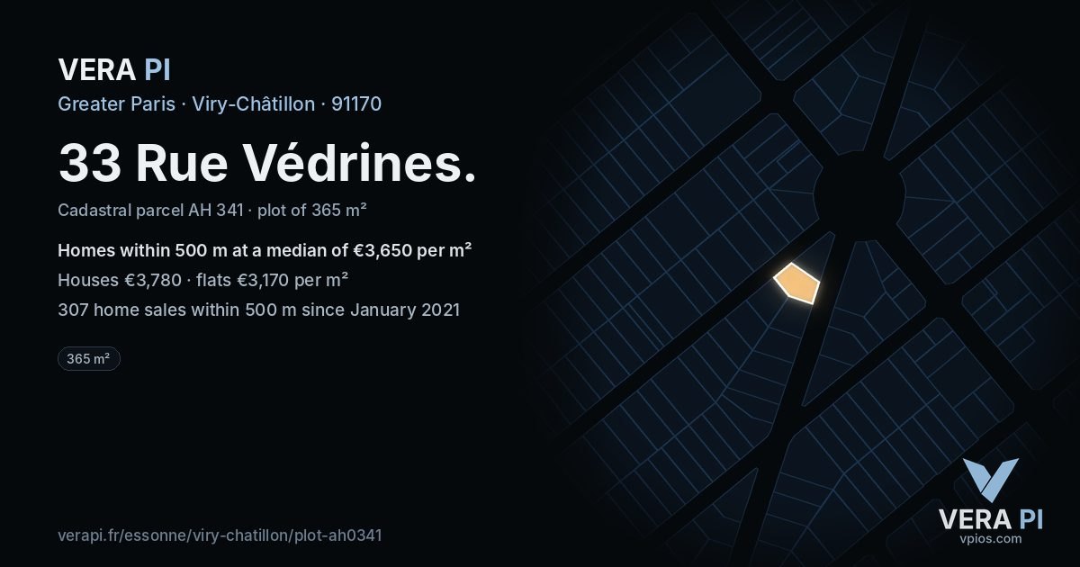 33 Rue Védrines, Viry-Châtillon at night – the plot lit, the parcels around coloured by the prices near them