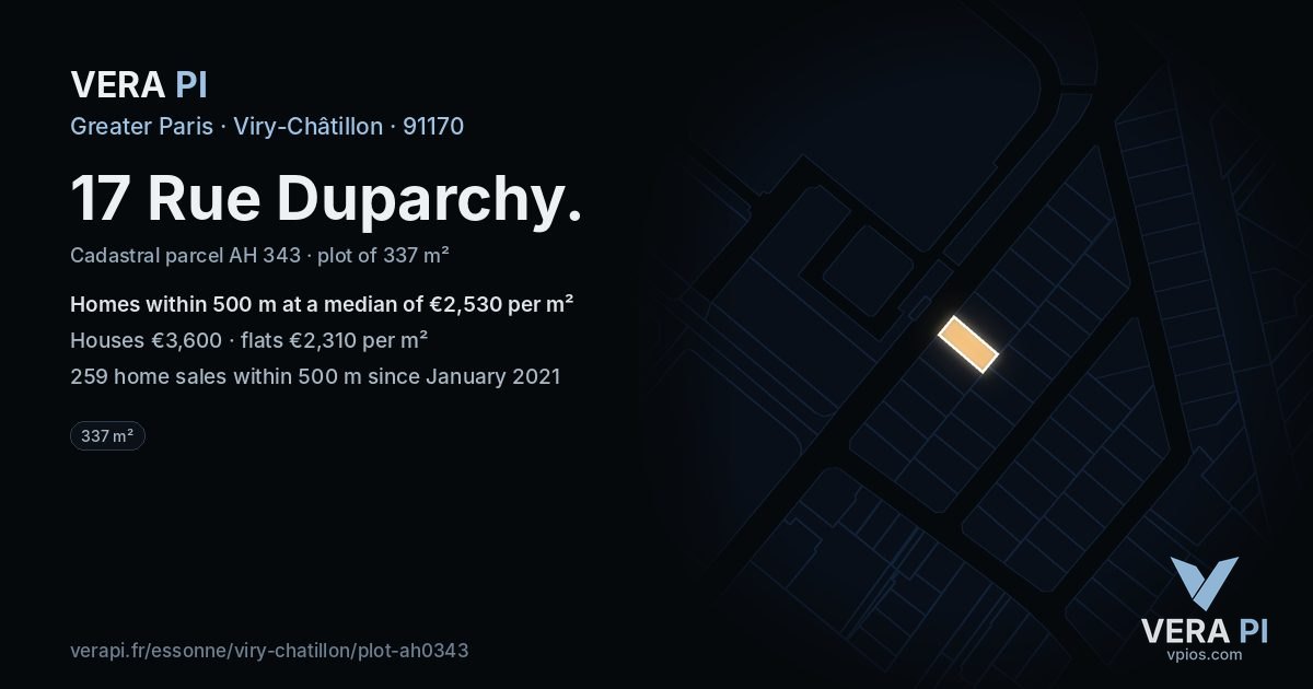 17 Rue Duparchy, Viry-Châtillon at night – the plot lit, the parcels around coloured by the prices near them