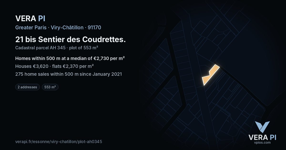 21 bis Sentier des Coudrettes, Viry-Châtillon at night – the plot lit, the parcels around coloured by the prices near them