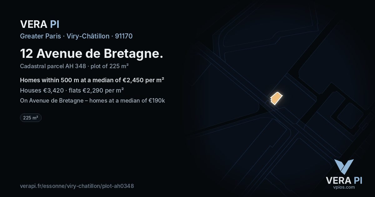 12 Avenue de Bretagne, Viry-Châtillon at night – the plot lit, the parcels around coloured by the prices near them