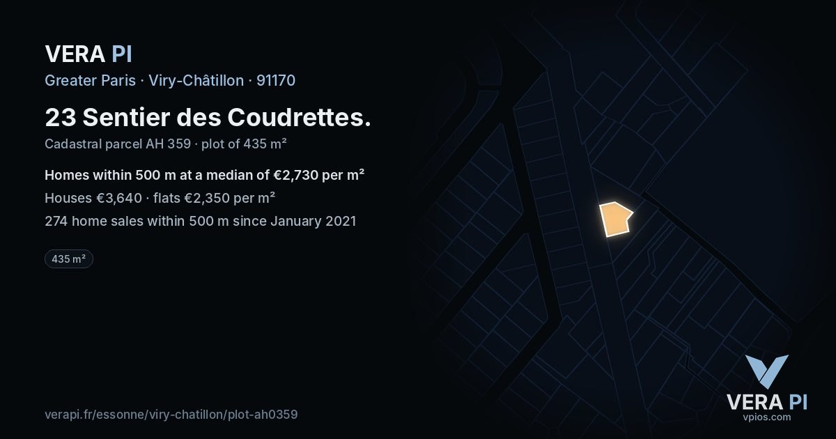23 Sentier des Coudrettes, Viry-Châtillon at night – the plot lit, the parcels around coloured by the prices near them
