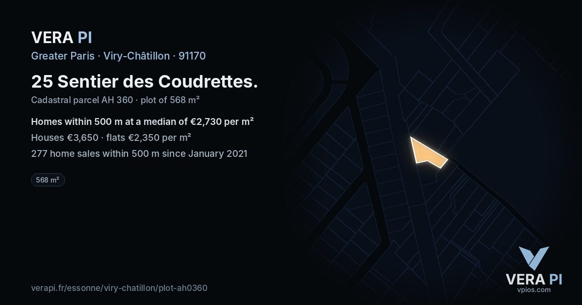 25 Sentier des Coudrettes, Viry-Châtillon at night – the plot lit, the parcels around coloured by the prices near them