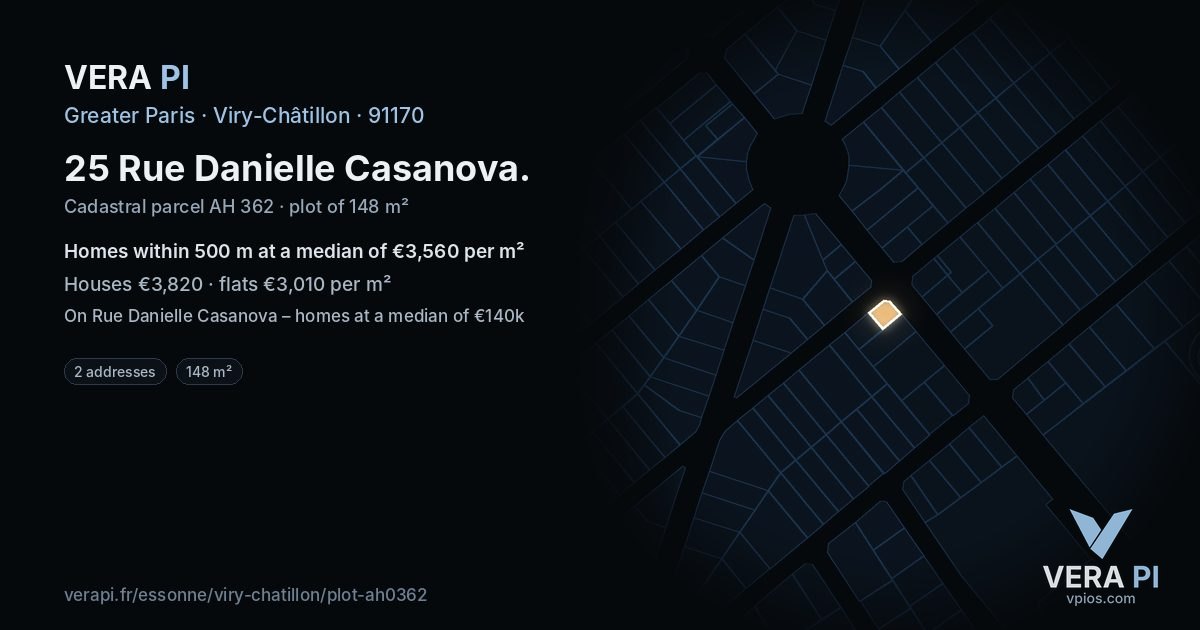25 Rue Danielle Casanova, Viry-Châtillon at night – the plot lit, the parcels around coloured by the prices near them