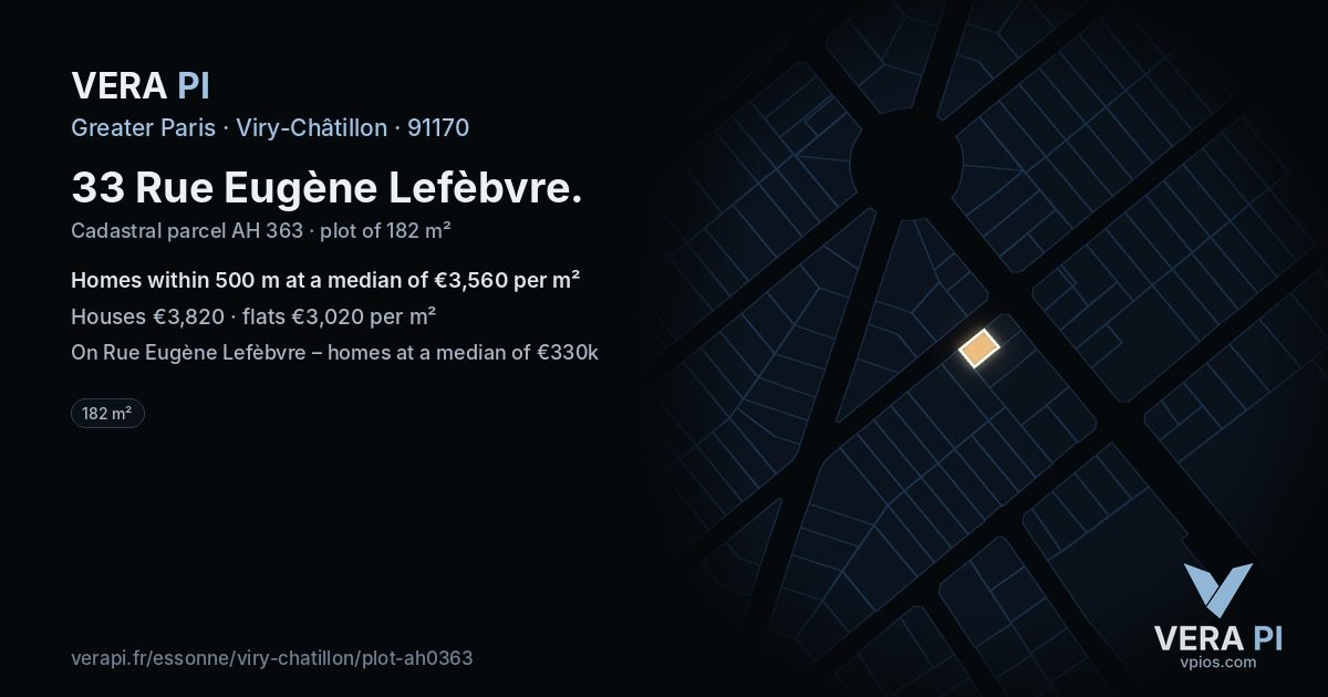33 Rue Eugène Lefèbvre, Viry-Châtillon at night – the plot lit, the parcels around coloured by the prices near them