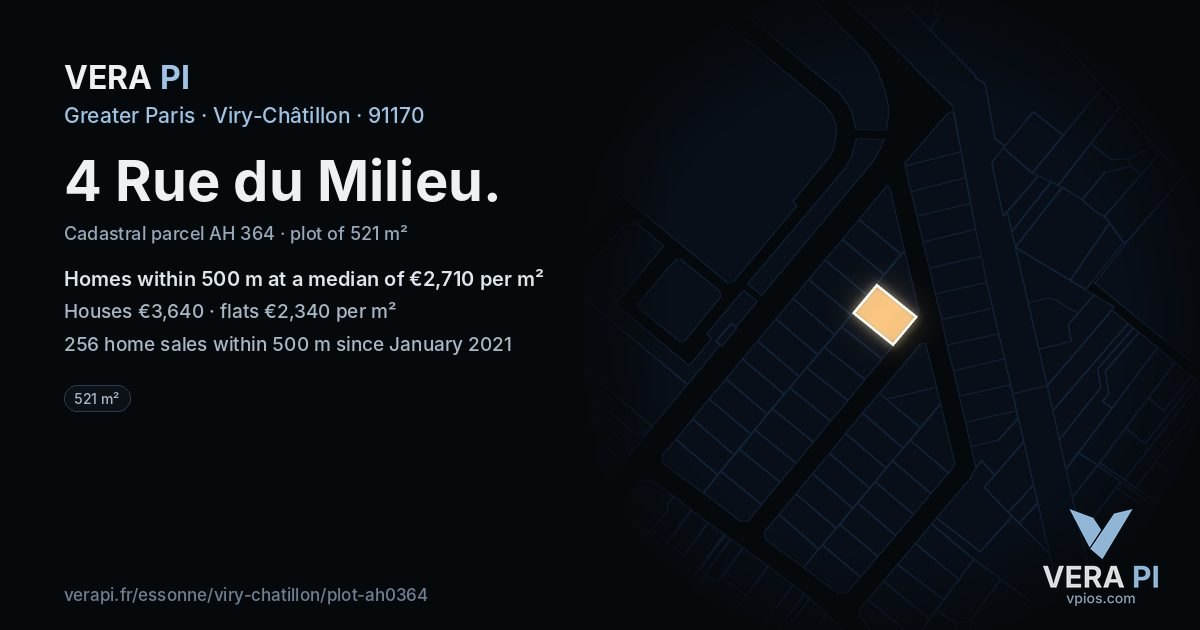 4 Rue du Milieu, Viry-Châtillon at night – the plot lit, the parcels around coloured by the prices near them