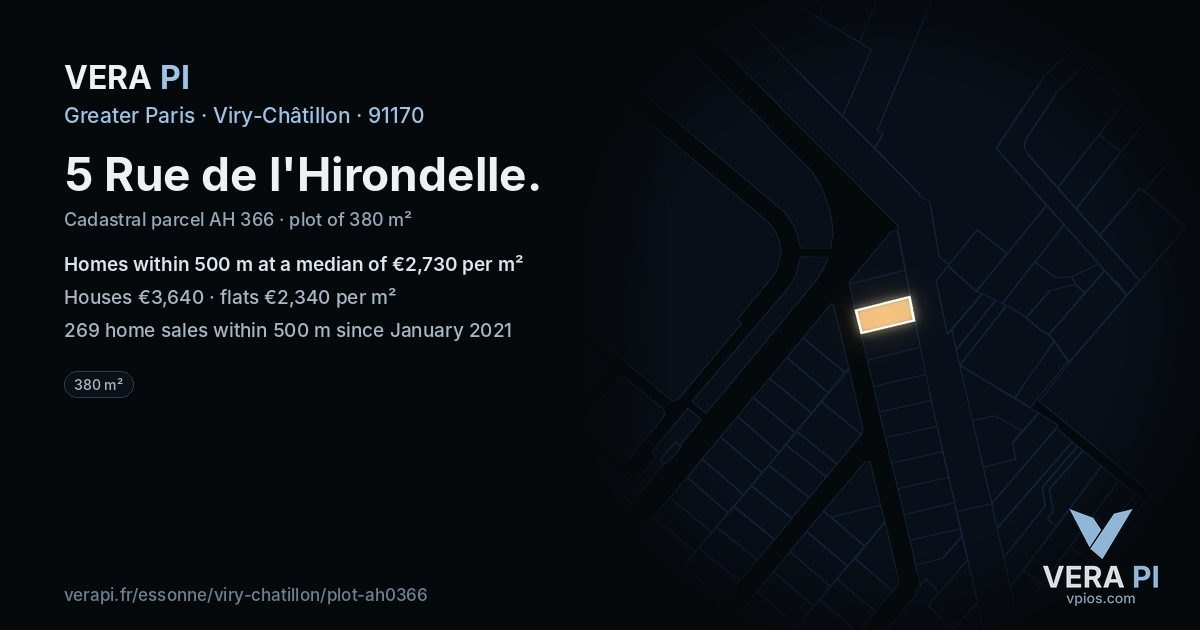 5 Rue de l'Hirondelle, Viry-Châtillon at night – the plot lit, the parcels around coloured by the prices near them