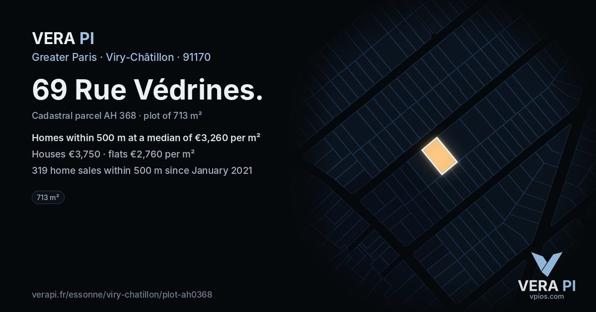 69 Rue Védrines, Viry-Châtillon at night – the plot lit, the parcels around coloured by the prices near them