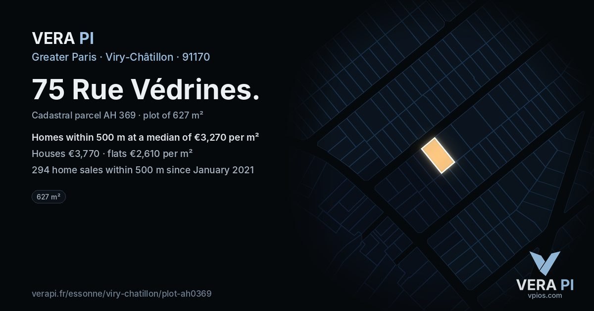 75 Rue Védrines, Viry-Châtillon at night – the plot lit, the parcels around coloured by the prices near them