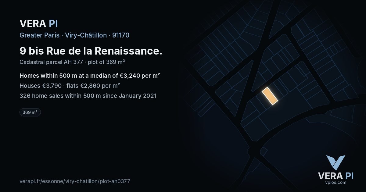 9 bis Rue de la Renaissance, Viry-Châtillon at night – the plot lit, the parcels around coloured by the prices near them