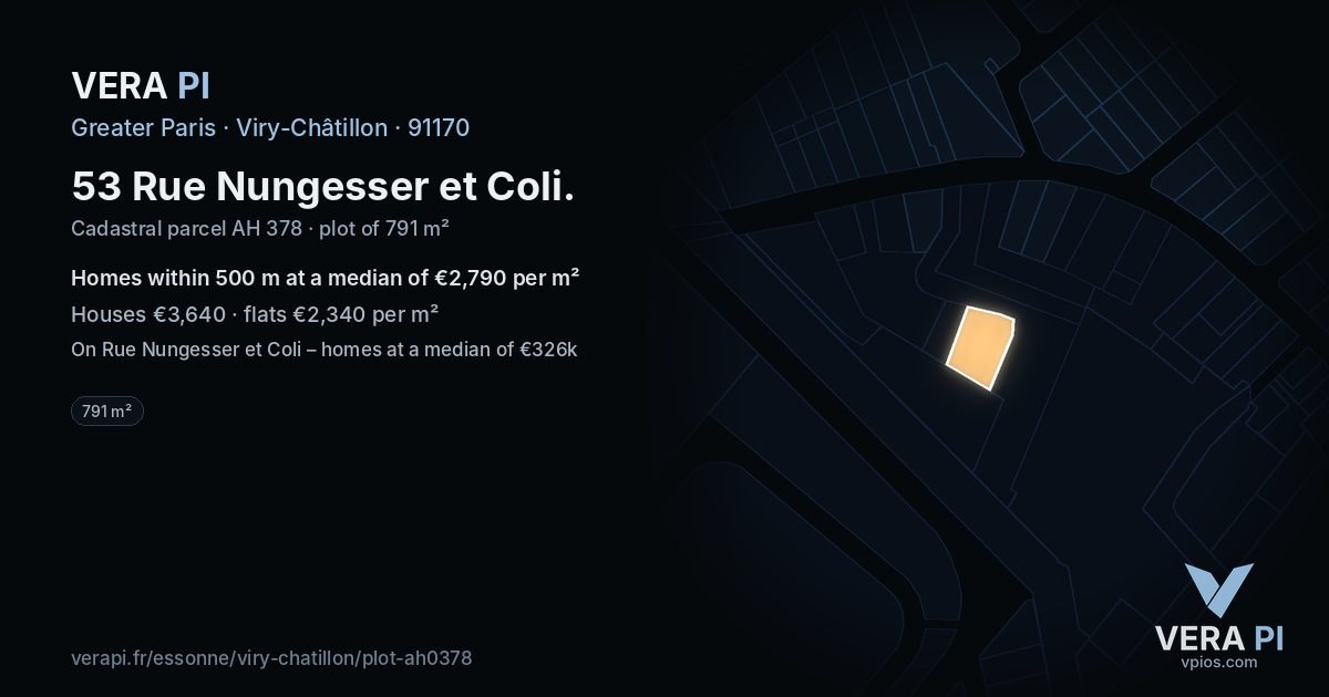 53 Rue Nungesser et Coli, Viry-Châtillon at night – the plot lit, the parcels around coloured by the prices near them