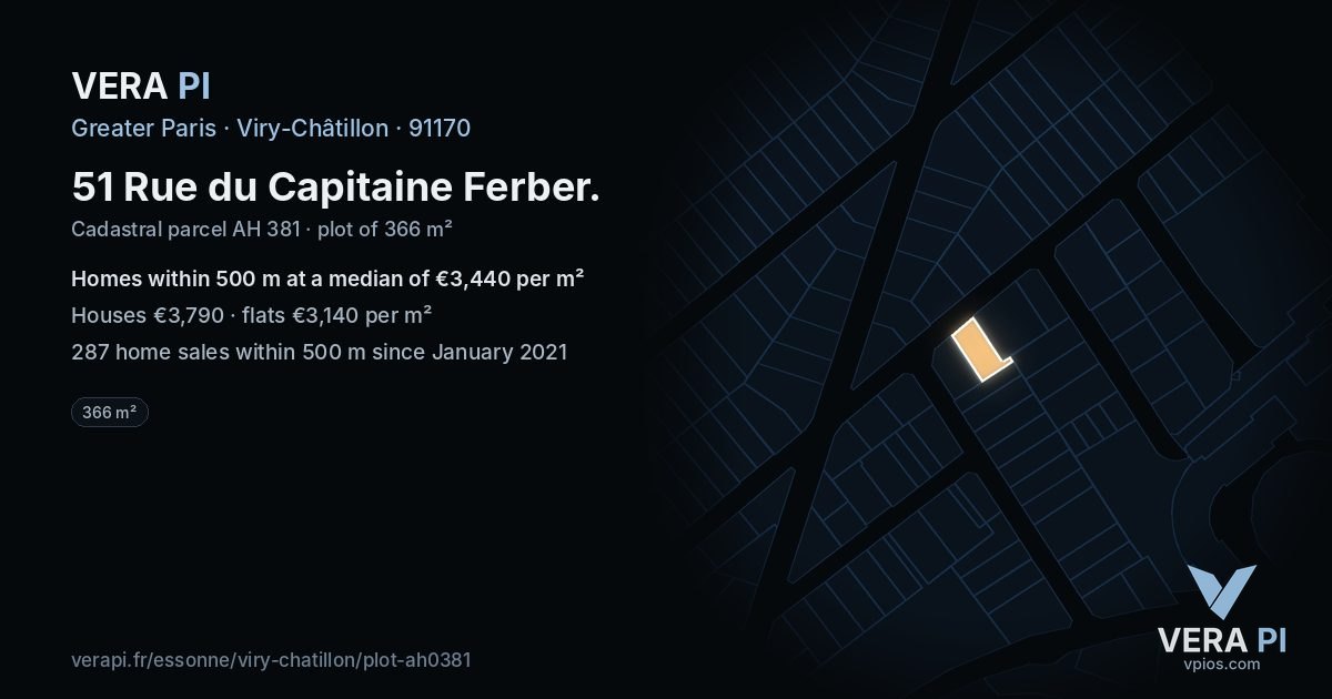 51 Rue du Capitaine Ferber, Viry-Châtillon at night – the plot lit, the parcels around coloured by the prices near them