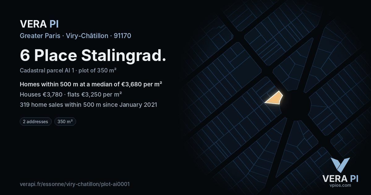 6 Place Stalingrad, Viry-Châtillon at night – the plot lit, the parcels around coloured by the prices near them