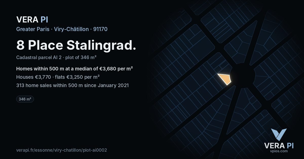 8 Place Stalingrad, Viry-Châtillon at night – the plot lit, the parcels around coloured by the prices near them