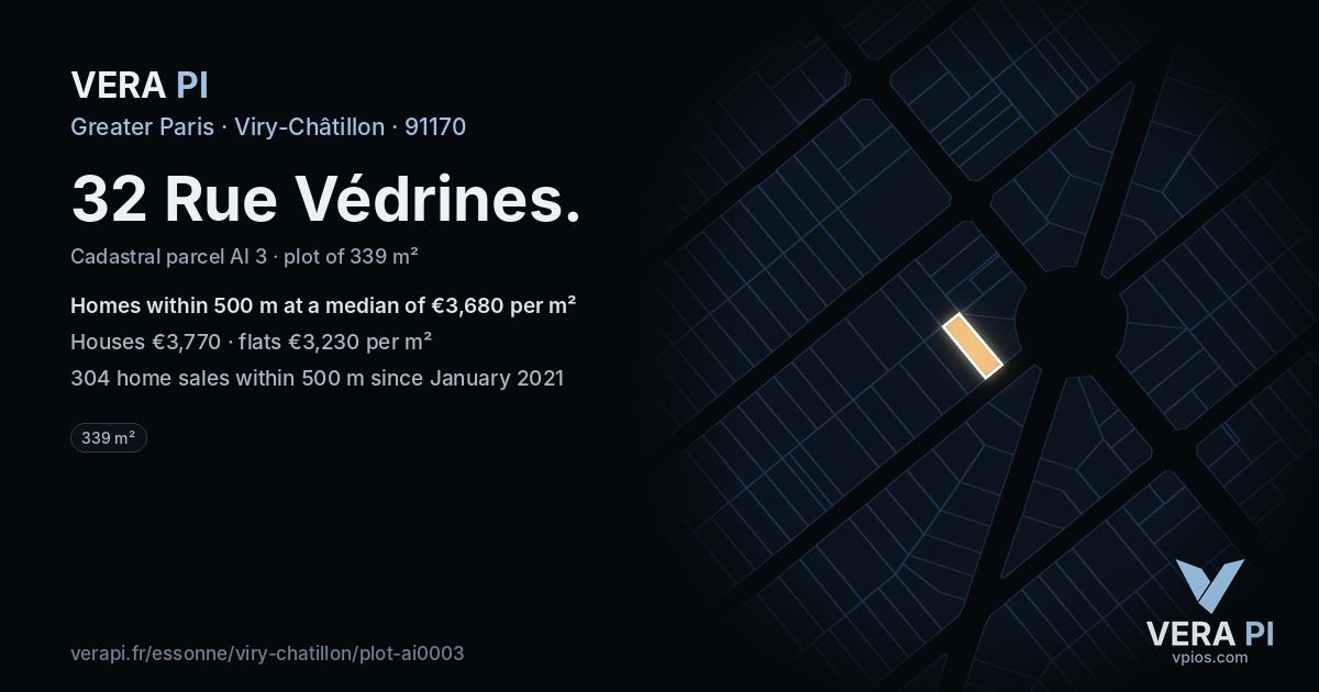 32 Rue Védrines, Viry-Châtillon at night – the plot lit, the parcels around coloured by the prices near them