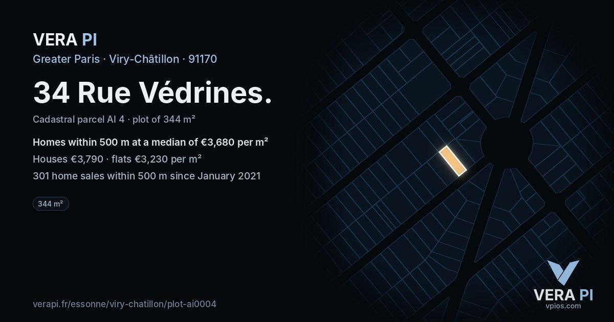 34 Rue Védrines, Viry-Châtillon at night – the plot lit, the parcels around coloured by the prices near them