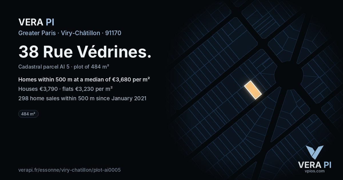 38 Rue Védrines, Viry-Châtillon at night – the plot lit, the parcels around coloured by the prices near them