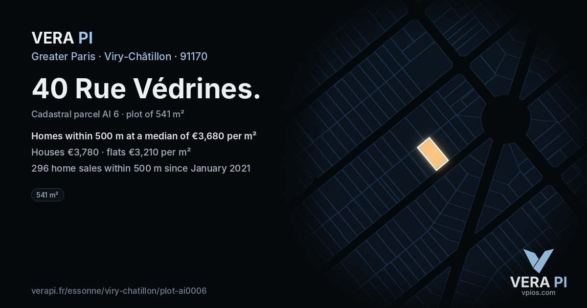 40 Rue Védrines, Viry-Châtillon at night – the plot lit, the parcels around coloured by the prices near them