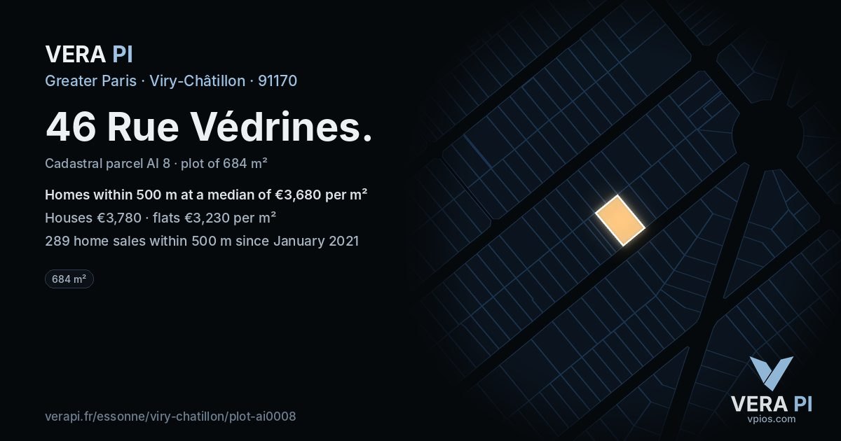 46 Rue Védrines, Viry-Châtillon at night – the plot lit, the parcels around coloured by the prices near them