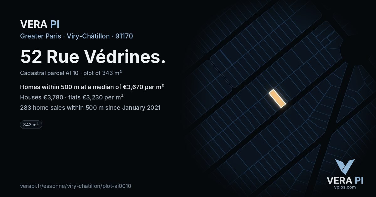 52 Rue Védrines, Viry-Châtillon at night – the plot lit, the parcels around coloured by the prices near them