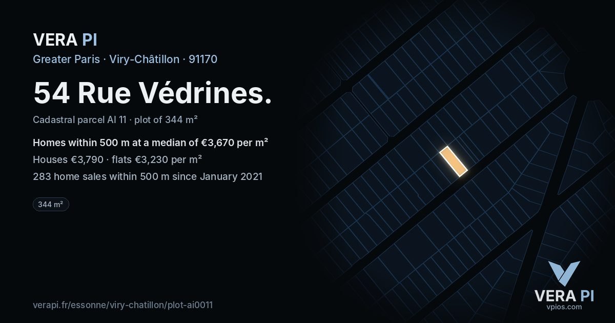 54 Rue Védrines, Viry-Châtillon at night – the plot lit, the parcels around coloured by the prices near them