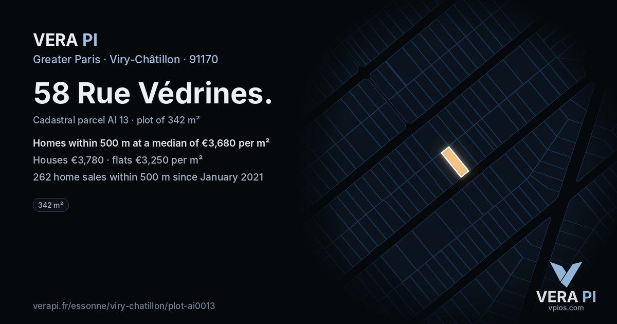 58 Rue Védrines, Viry-Châtillon at night – the plot lit, the parcels around coloured by the prices near them