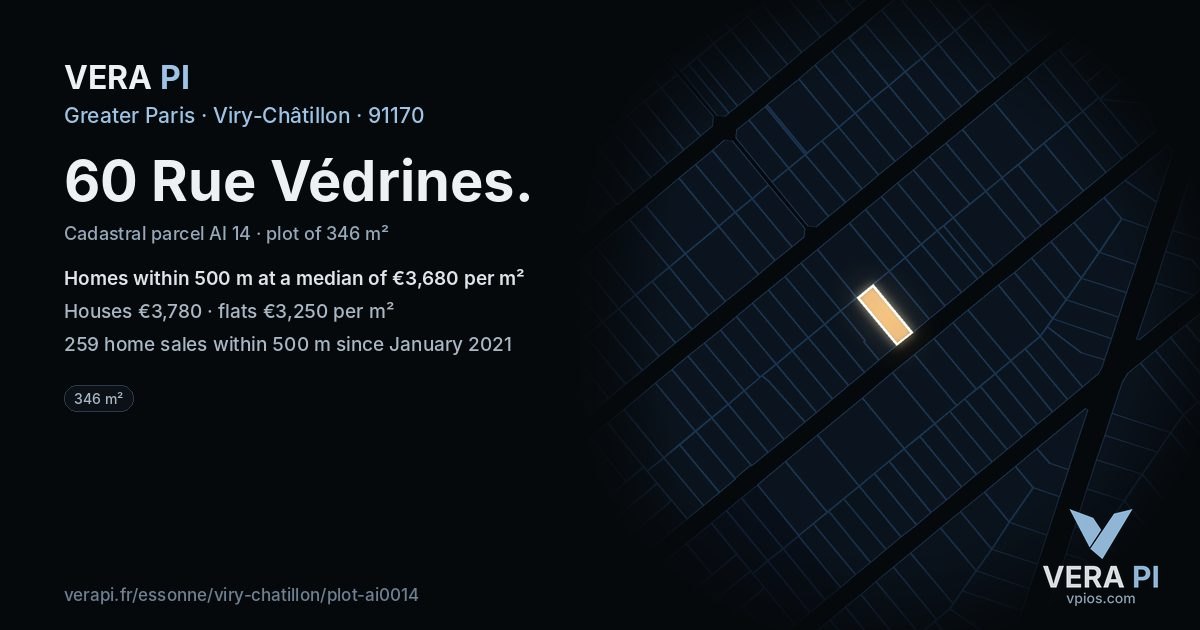 60 Rue Védrines, Viry-Châtillon at night – the plot lit, the parcels around coloured by the prices near them