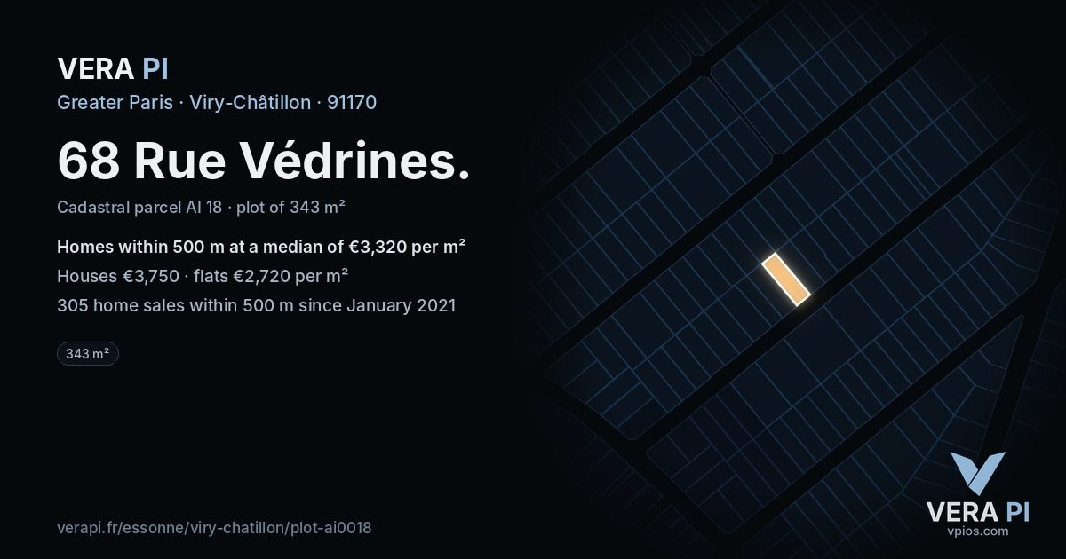 68 Rue Védrines, Viry-Châtillon at night – the plot lit, the parcels around coloured by the prices near them