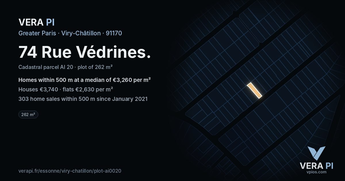 74 Rue Védrines, Viry-Châtillon at night – the plot lit, the parcels around coloured by the prices near them