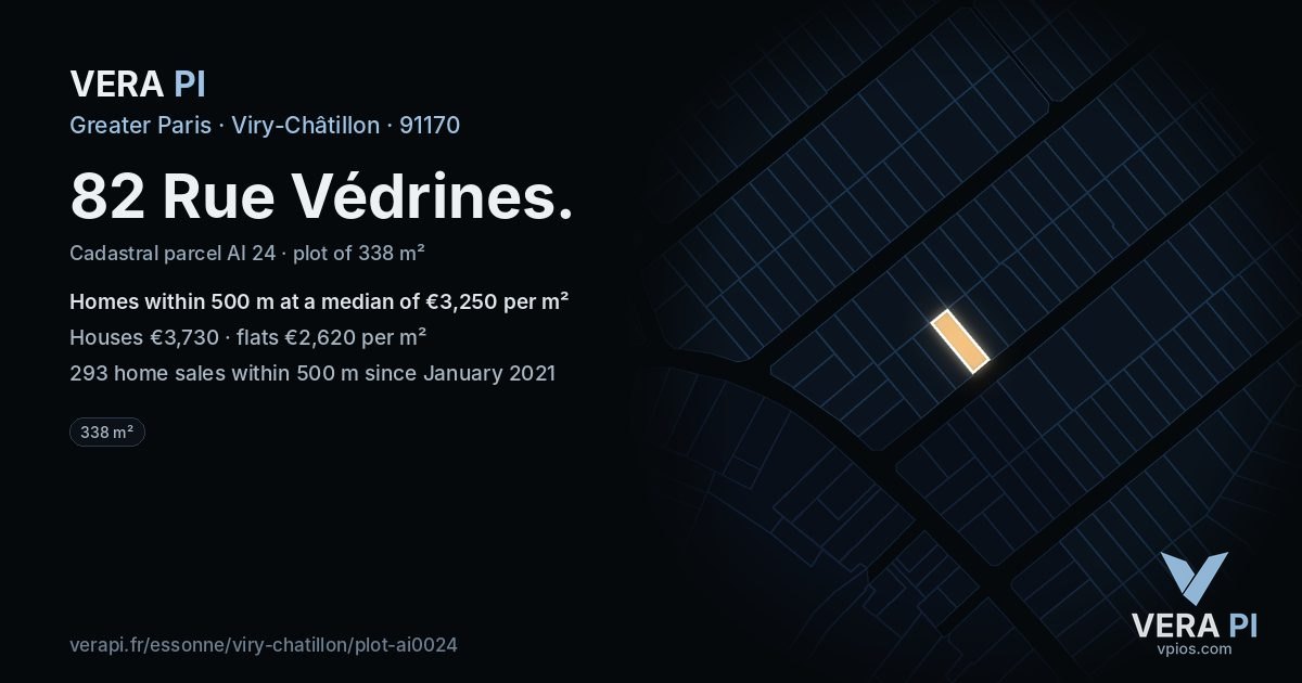 82 Rue Védrines, Viry-Châtillon at night – the plot lit, the parcels around coloured by the prices near them