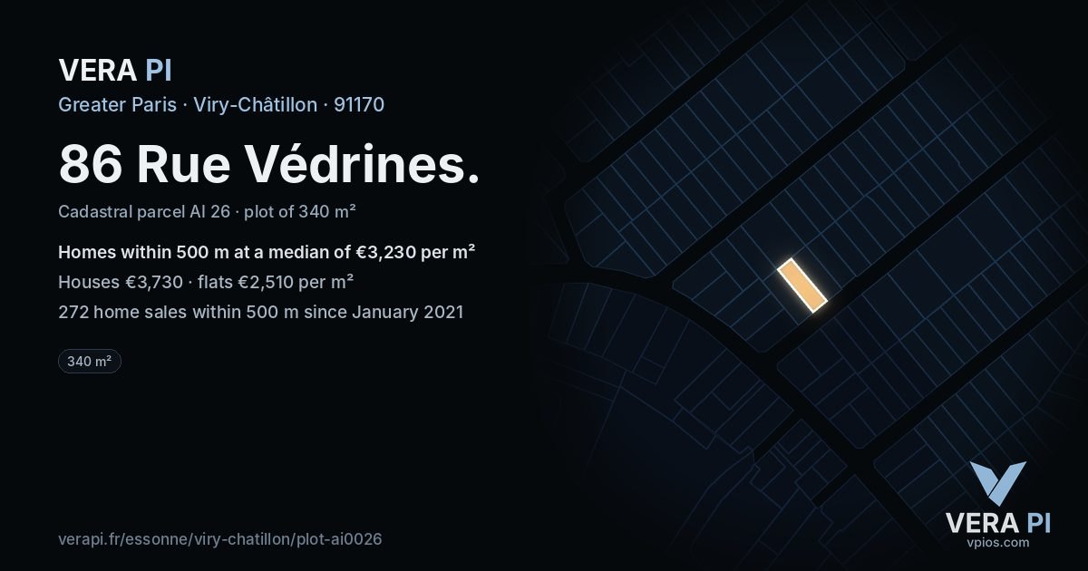 86 Rue Védrines, Viry-Châtillon at night – the plot lit, the parcels around coloured by the prices near them