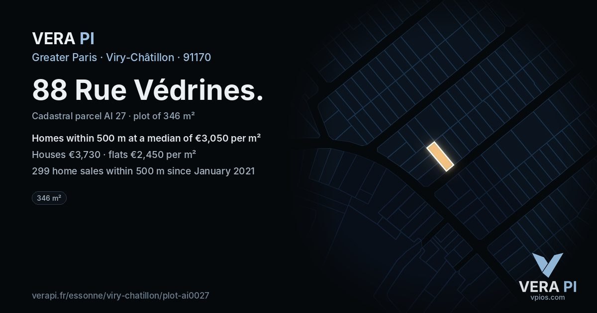 88 Rue Védrines, Viry-Châtillon at night – the plot lit, the parcels around coloured by the prices near them