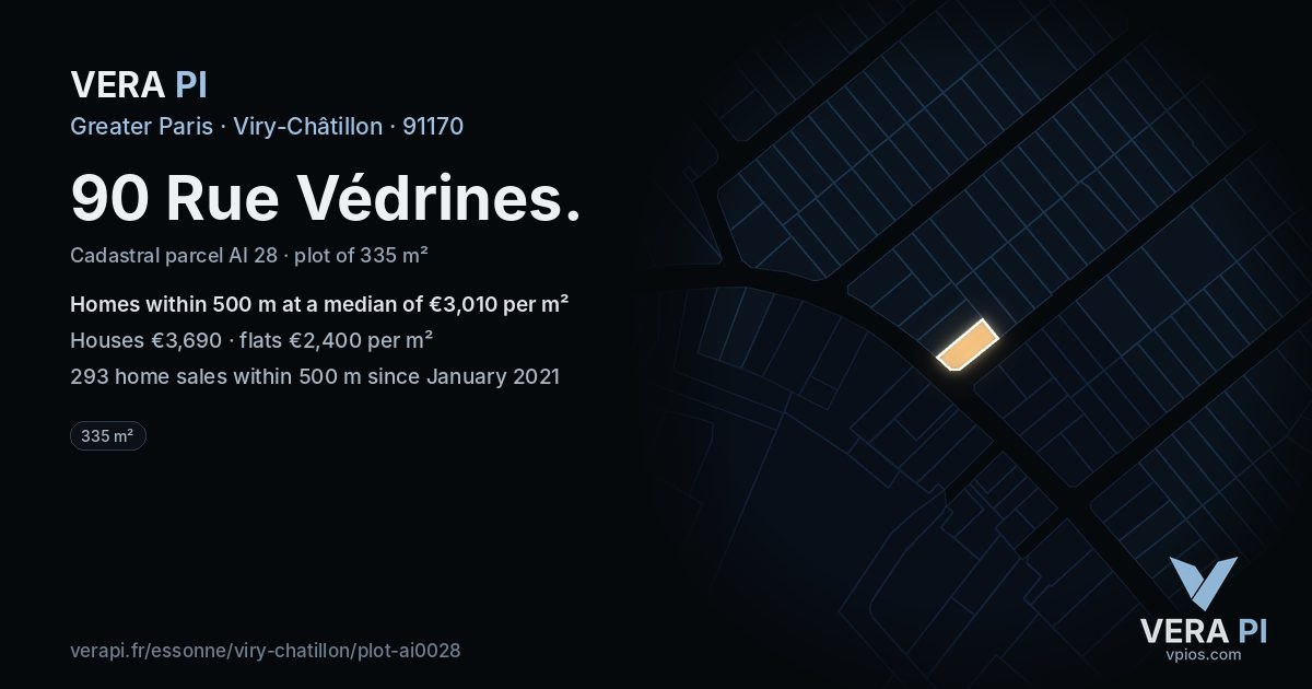 90 Rue Védrines, Viry-Châtillon at night – the plot lit, the parcels around coloured by the prices near them