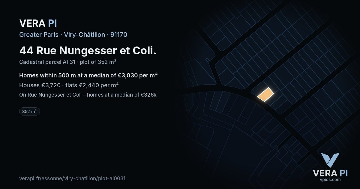 44 Rue Nungesser et Coli, Viry-Châtillon at night – the plot lit, the parcels around coloured by the prices near them