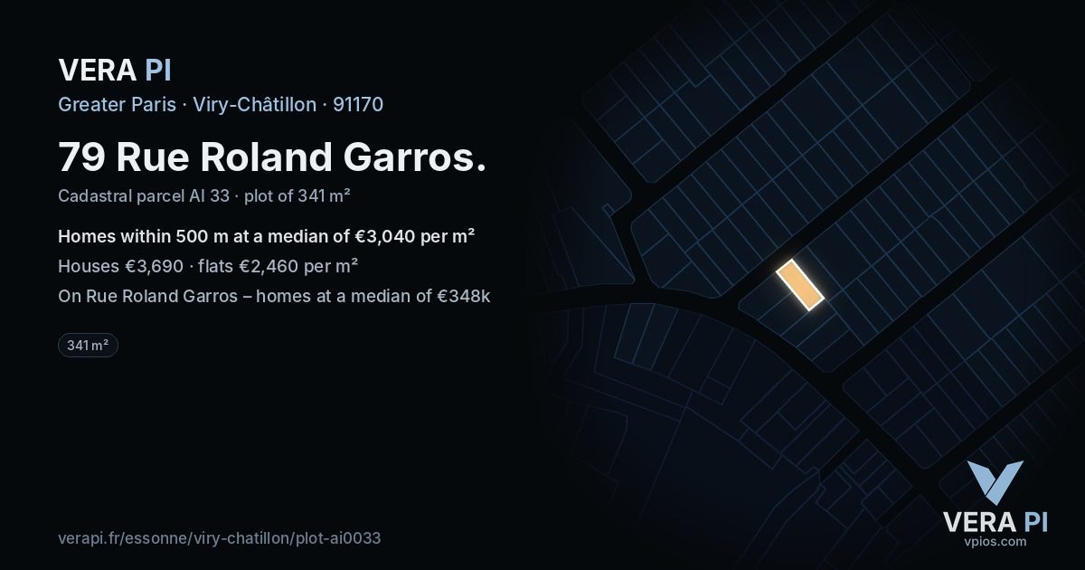 79 Rue Roland Garros, Viry-Châtillon at night – the plot lit, the parcels around coloured by the prices near them